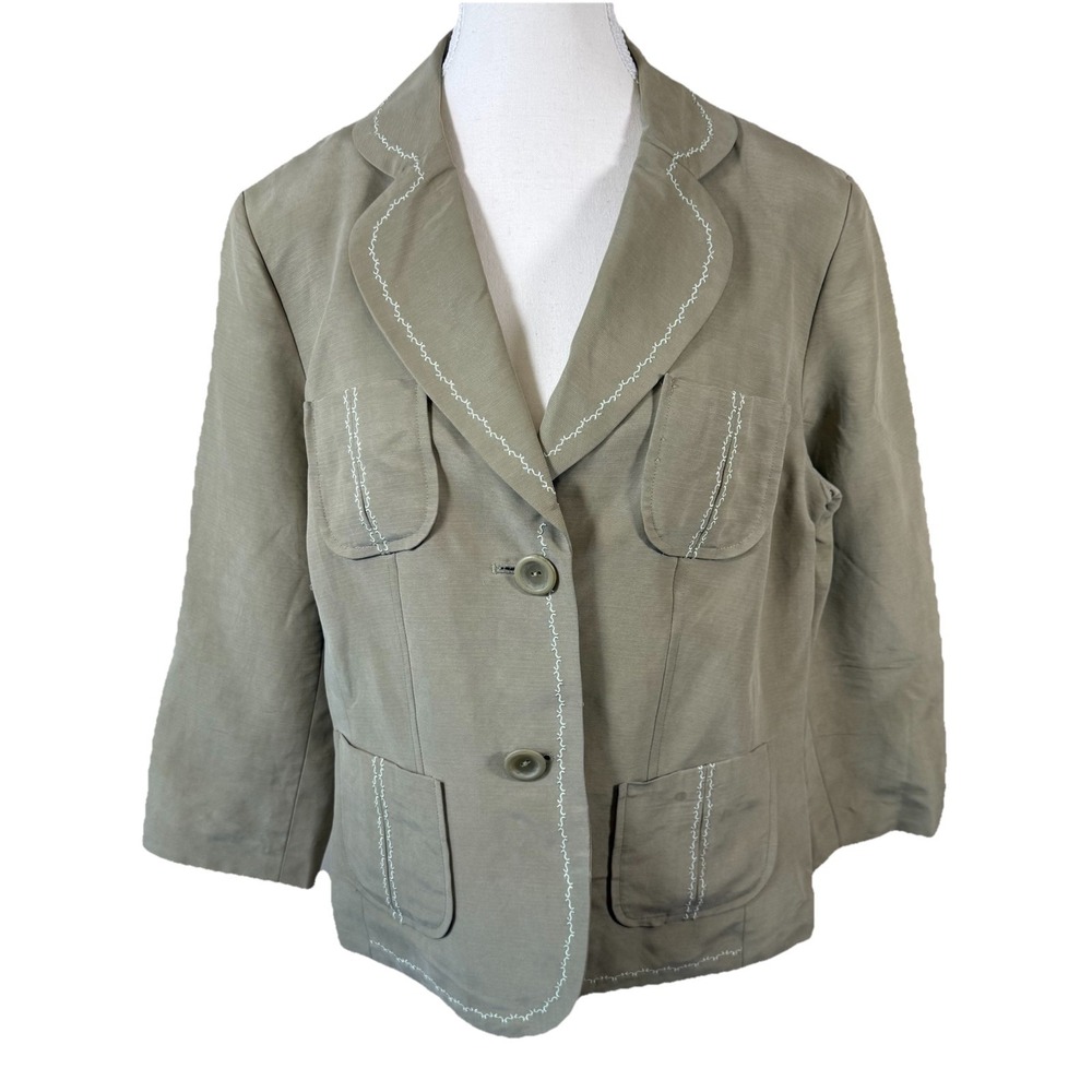 Sigrid Olsen‎ Blazer Womens 12 Sage Green Silk Ramie Embroidered 3/4 Sleeve